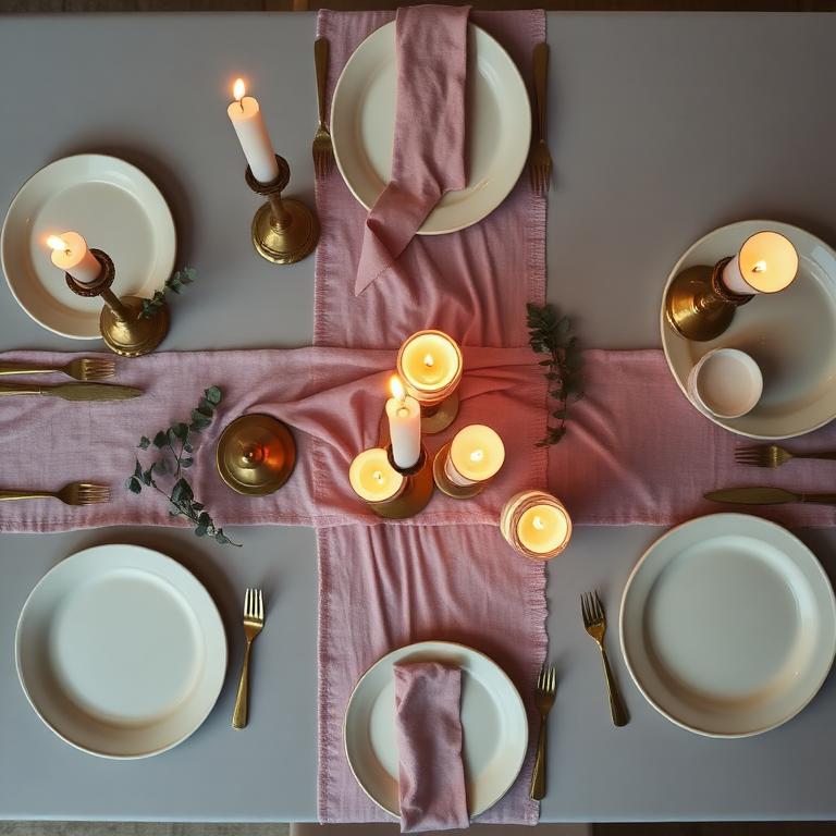 Overhead view of a candlelit gathering table set with blush linens