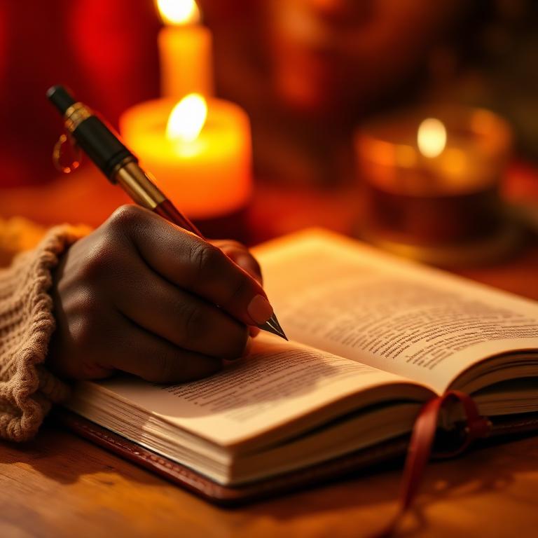 A woman's hand journaling by candlelight