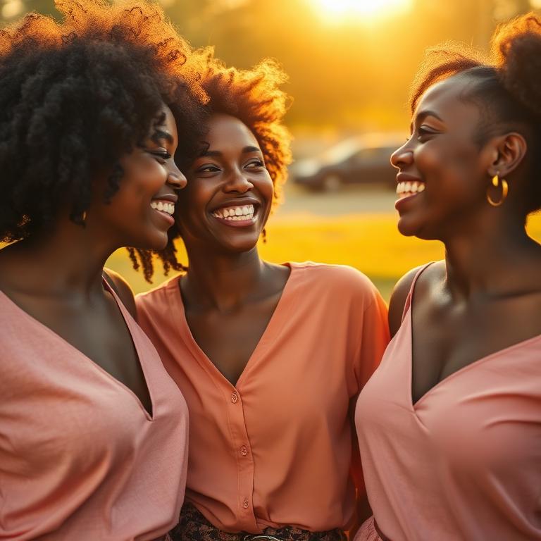 Three women laughing softly together at golden hour
