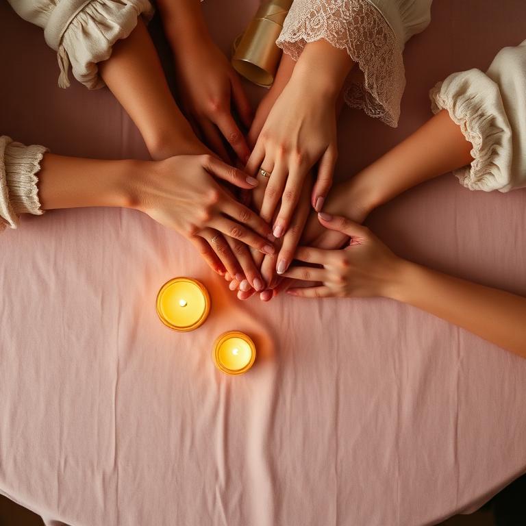 Women's hands resting together on a blush tablecloth by candlelight