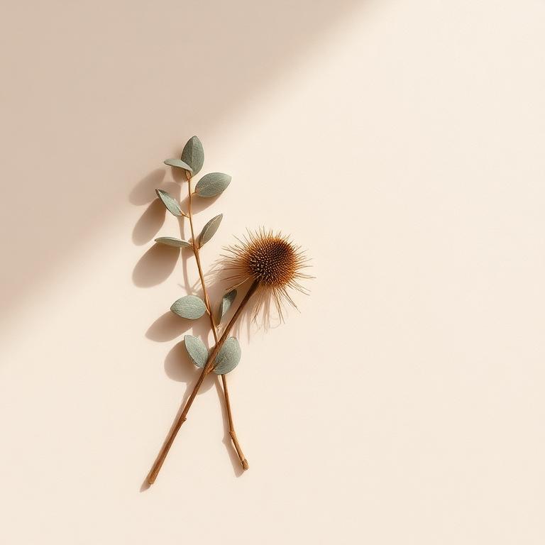 Eucalyptus and a dried flower arranged on cream parchment