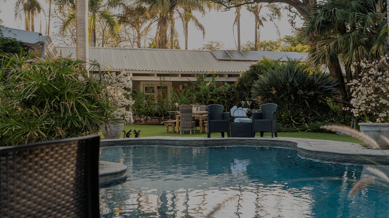 Garden pool and lush greenery at a resort retreat
